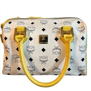 MCM White Satchel Bag w/ Yellow handles/trim..large wallet included AUTHENTIC